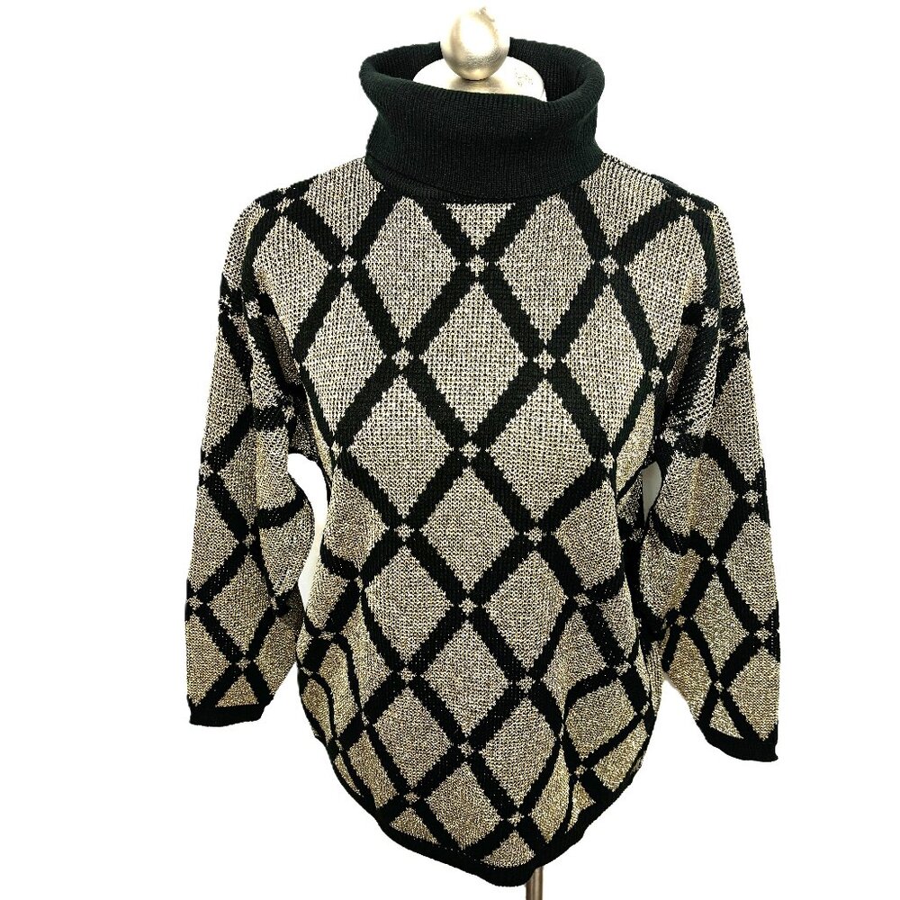 80’s Gold Metallic & Black Knit Turtleneck Sweater